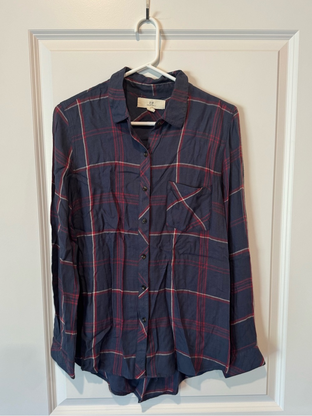 Thread & Supply Navy Plaid Button-Down Shirt with Red Stripes